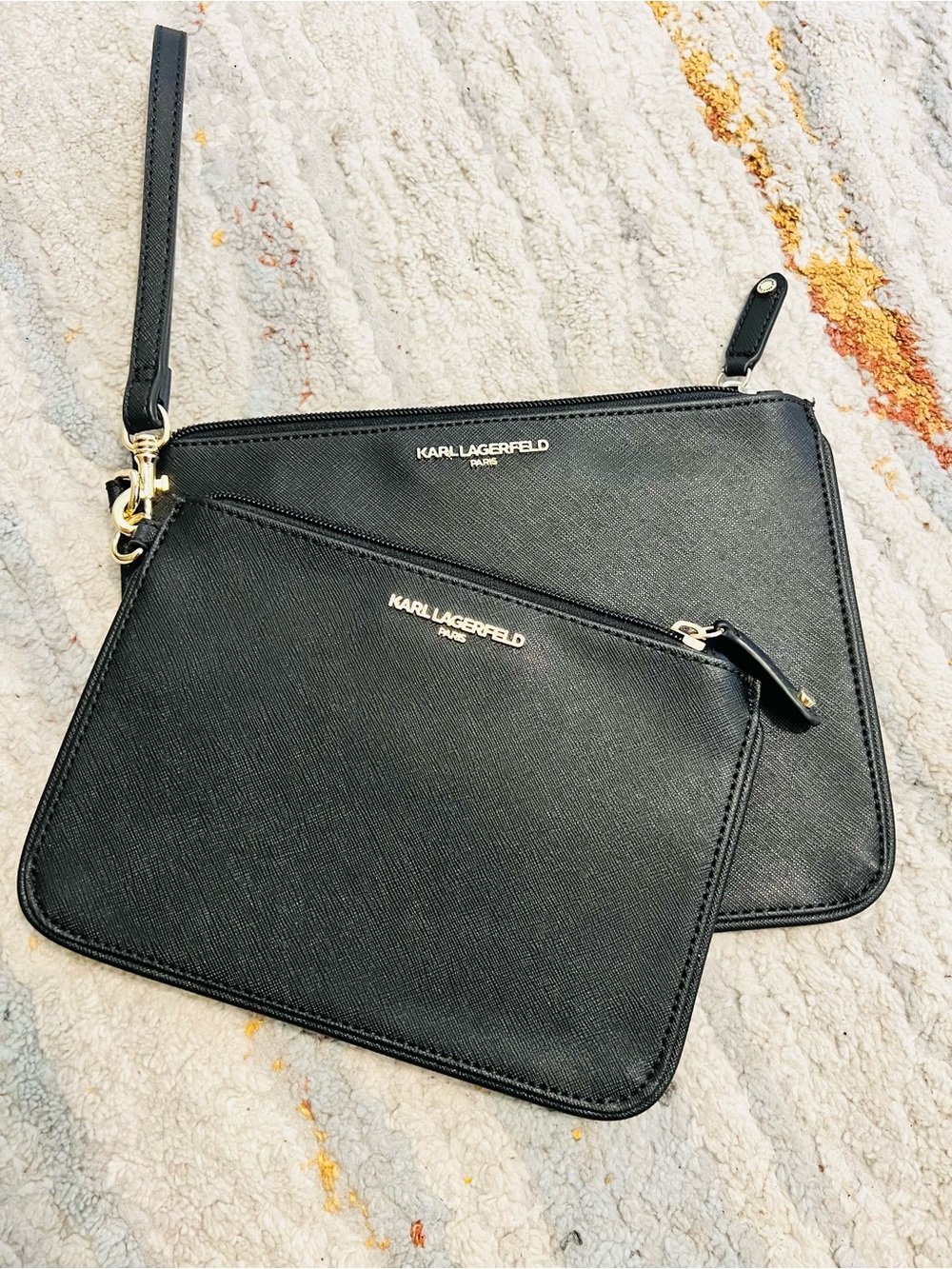 Karl Lagerfeld Black Saffiano Double Zip Wristlet Set NWOT